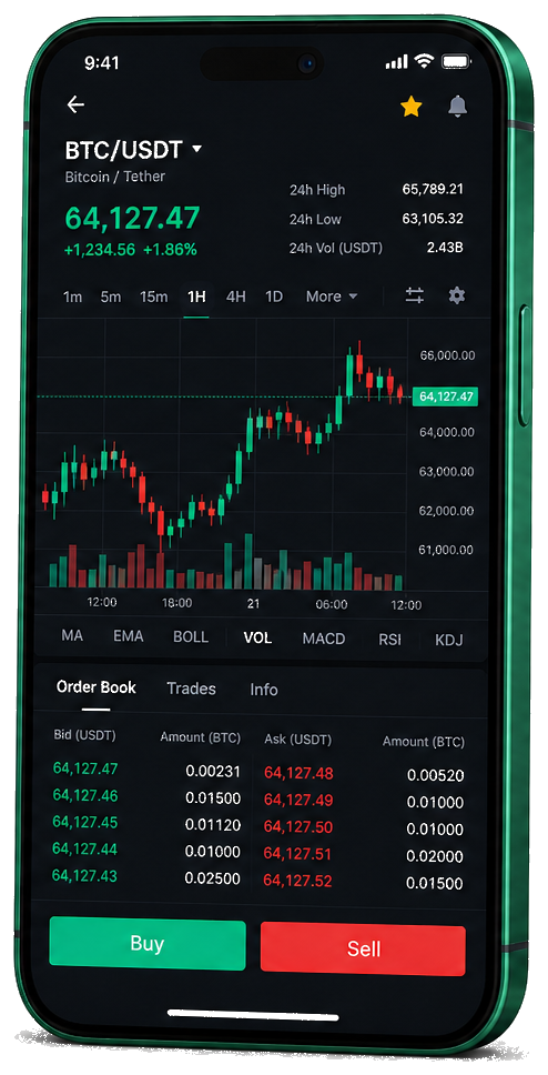 Interface mobile de trading Prisévance — prix BTC/USDT en direct, carnet d’ordres et outils de suivi des opérations